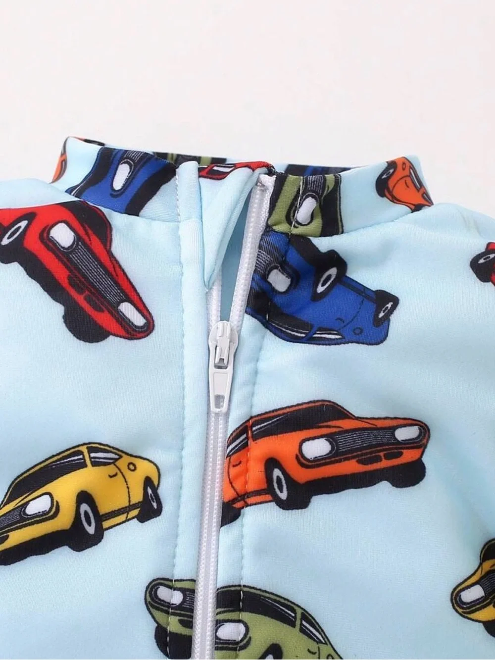 Light Blue Kids Car Print Rash Guard Swimsuit + Hat